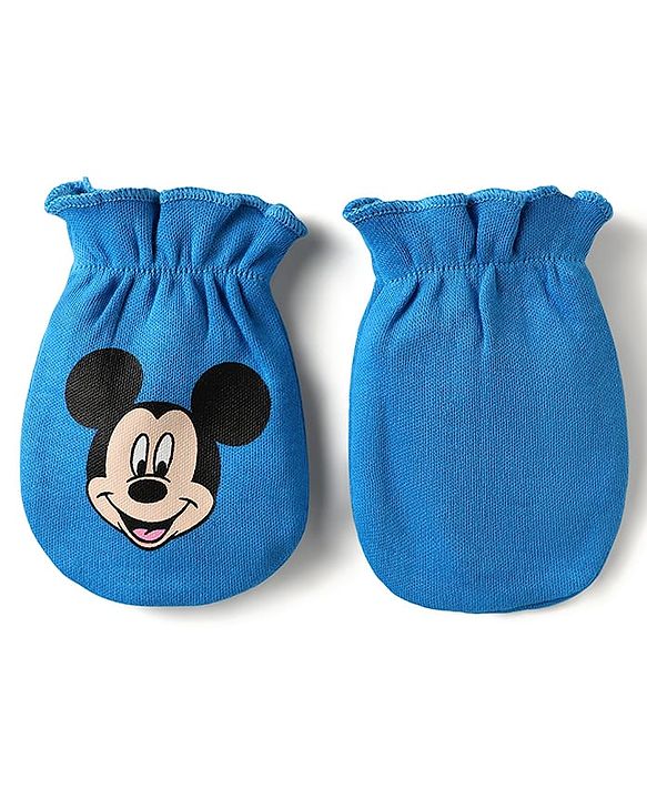 Babyhug Disney 100% Cotton Cap Mittens & Booties Set With Mickey Mouse & Family Graphics Blue - Circumference 28 cm