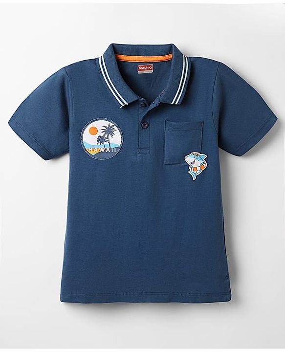 Babyhug Cotton Knit Half Sleeves Polo T-Shirt with Beach Theme Patch Detailing - Navy Blue