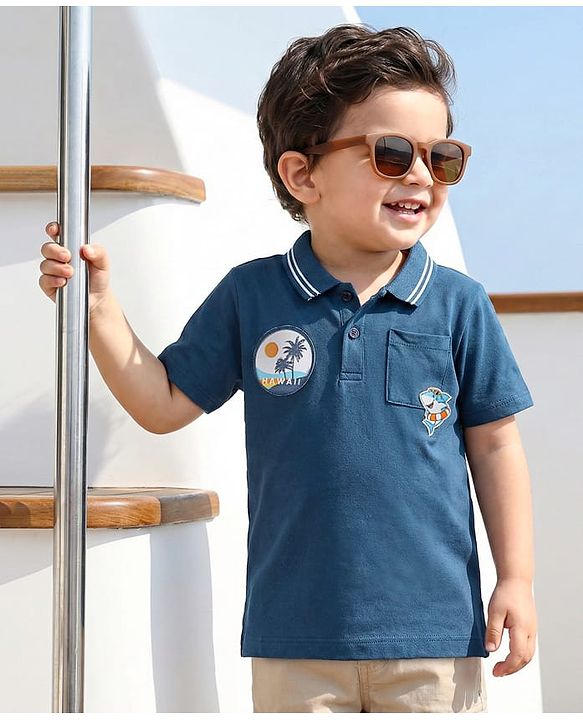 Babyhug Cotton Knit Half Sleeves Polo T-Shirt with Beach Theme Patch Detailing - Navy Blue
