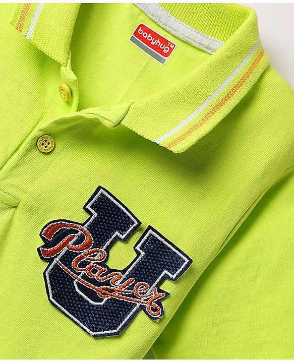Babyhug Cotton Knit Half Sleeves Polo T-Shirt With Player Text Patch Detailing -Limegreen