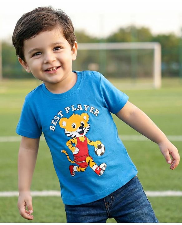Babyhug Cotton Knit Half Sleeves T-Shirt with Tiger Print - Blue