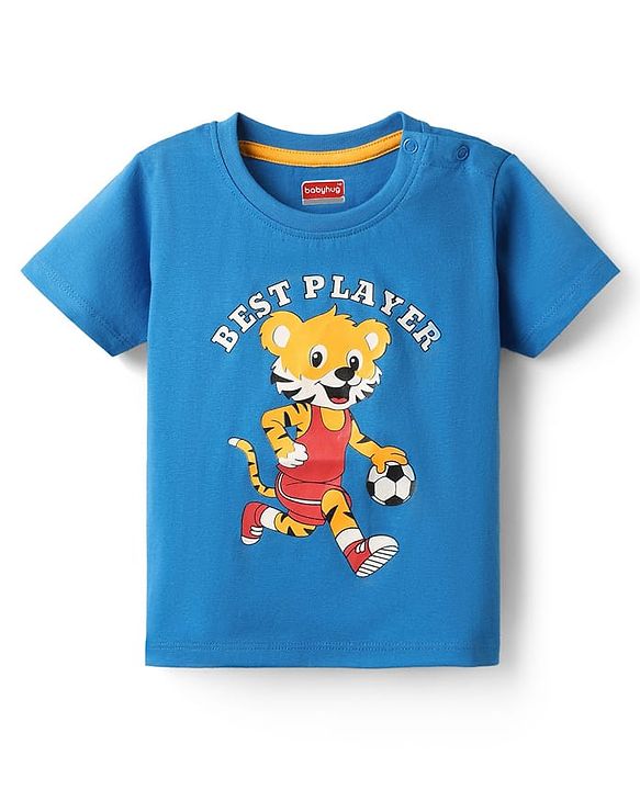 Babyhug Cotton Knit Half Sleeves T-Shirt with Tiger Print - Blue