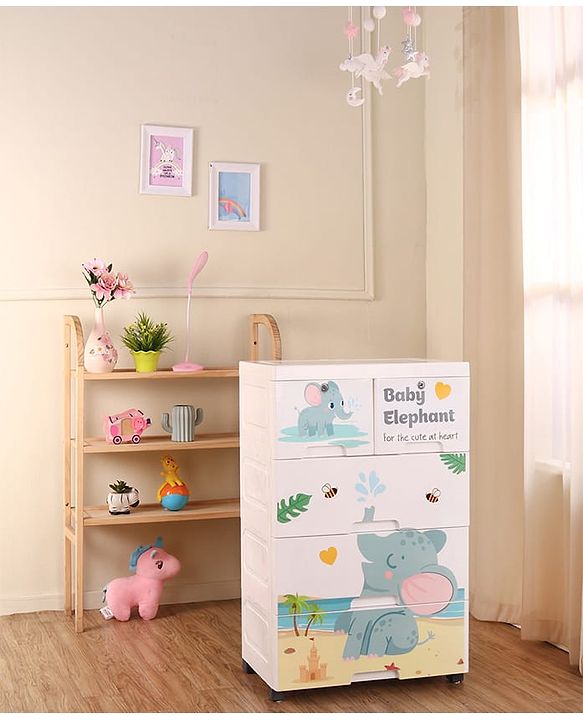 Babyhug 4 Layer High Density Plastic Storage Cabinet with Baby Elephant Print - White