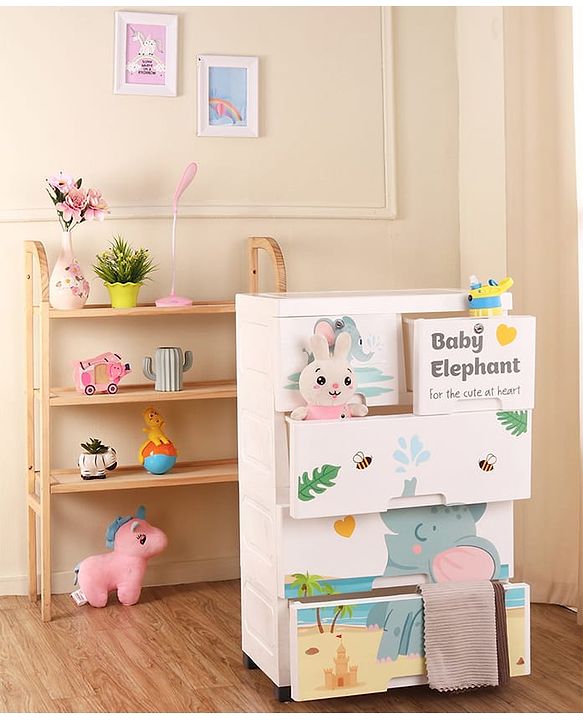 Babyhug 4 Layer High Density Plastic Storage Cabinet with Baby Elephant Print - White