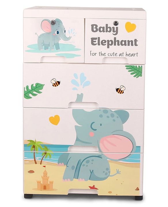 Babyhug 4 Layer High Density Plastic Storage Cabinet with Baby Elephant Print - White