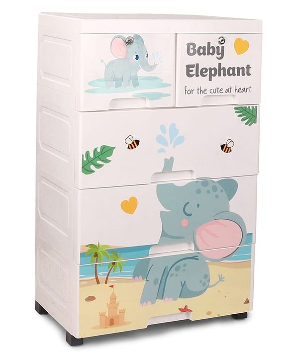 Babyhug 4 Layer High Density Plastic Storage Cabinet with Baby Elephant Print - White