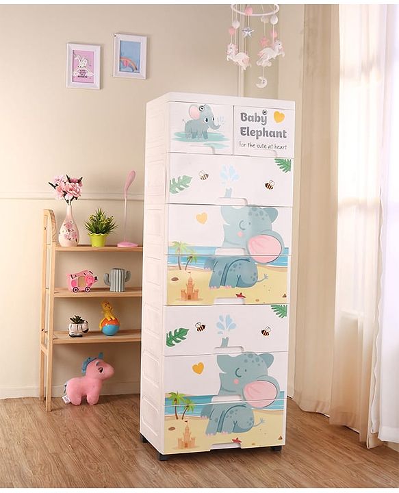 Babyhug 7 Layer High Density Plastic Storage Cabinet with Baby Elephant Print - White