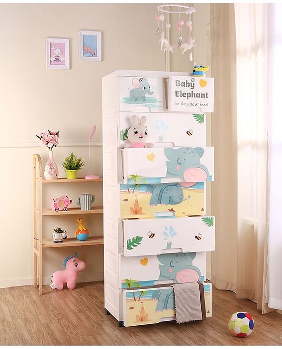 Babyhug 7 Layer High Density Plastic Storage Cabinet with Baby Elephant Print - White
