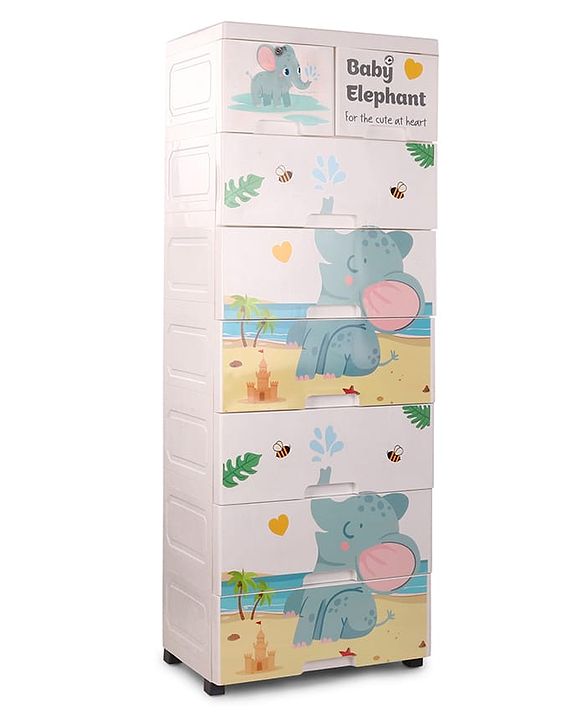 Babyhug 7 Layer High Density Plastic Storage Cabinet with Baby Elephant Print - White