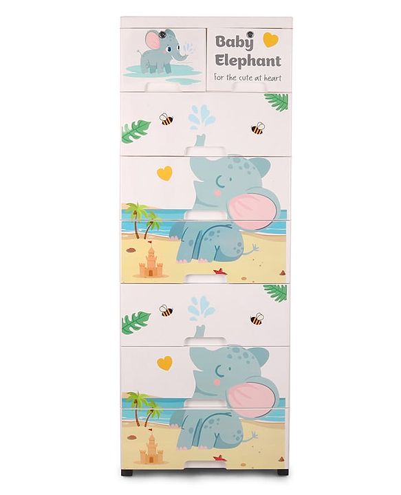 Babyhug 7 Layer High Density Plastic Storage Cabinet with Baby Elephant Print - White
