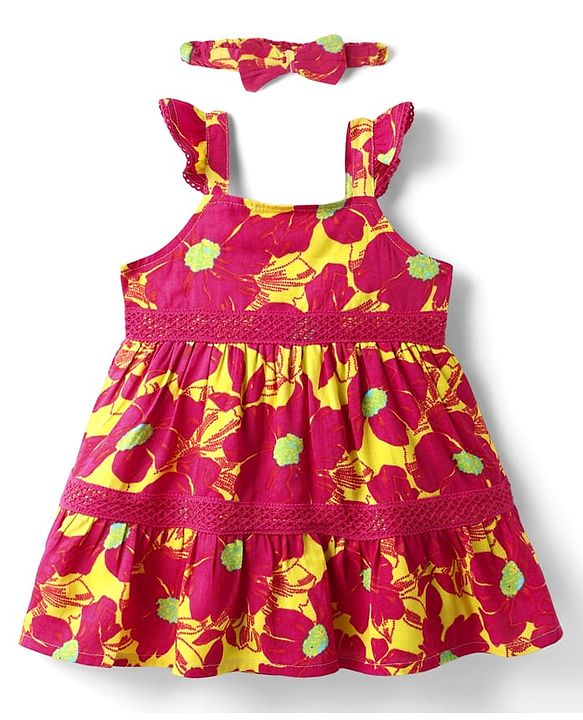 Babyhug Rayon Woven Frocks & Headband With Abstract Print - Red