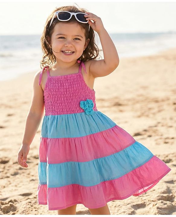 Babyhug Cotton Woven Sleeveless Frock With Smock Detailing & Floral Applique - Dark Pink & Blue