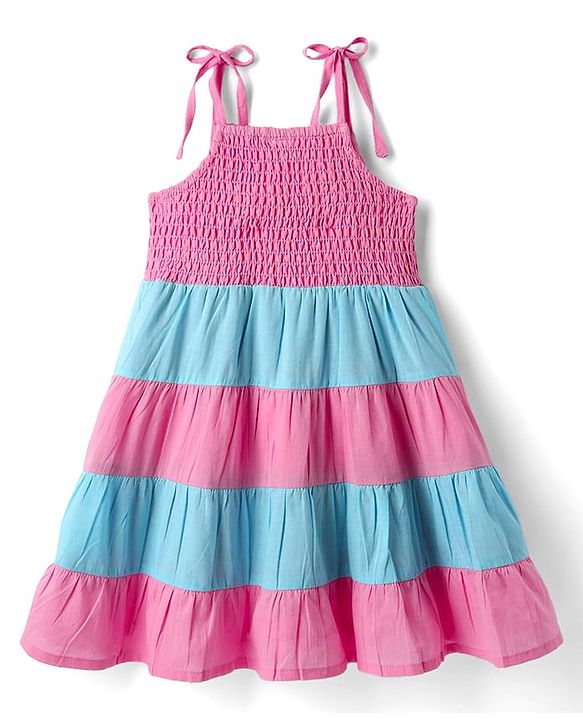 Babyhug Cotton Woven Sleeveless Frock With Smock Detailing & Floral Applique - Dark Pink & Blue