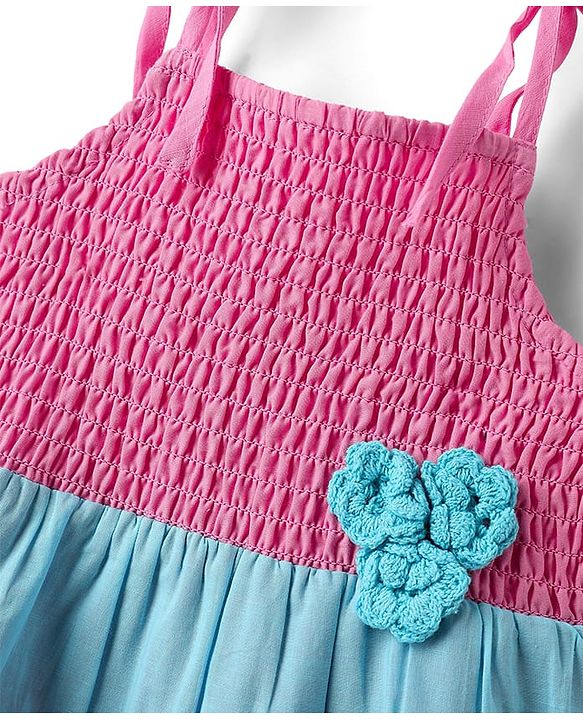Babyhug Cotton Woven Sleeveless Frock With Smock Detailing & Floral Applique - Dark Pink & Blue