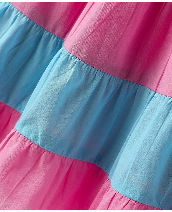 Babyhug Cotton Woven Sleeveless Frock With Smock Detailing & Floral Applique - Dark Pink & Blue