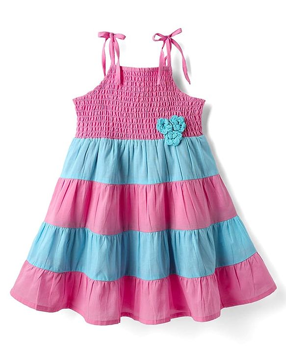 Babyhug Cotton Woven Sleeveless Frock With Smock Detailing & Floral Applique - Dark Pink & Blue