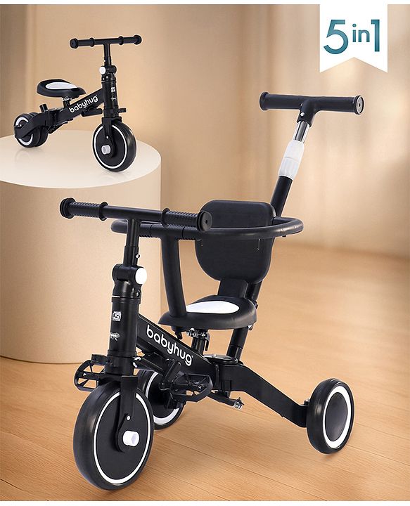 Babyhug Most Advanced 5 in 1 Baby Cycle Mini Marvel Tricycle with Adjustable Parent Handle - Black