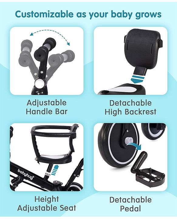 Babyhug Most Advanced 5 in 1 Baby Cycle Mini Marvel Tricycle with Adjustable Parent Handle - Black