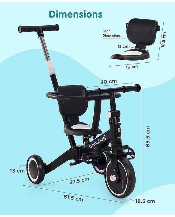 Babyhug Most Advanced 5 in 1 Baby Cycle Mini Marvel Tricycle with Adjustable Parent Handle - Black