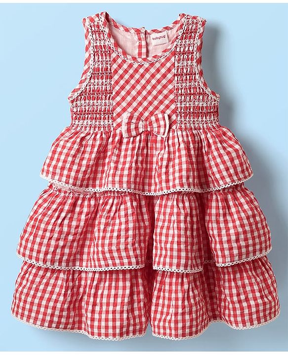 Babyhug Seer Sucker Woven Sleeveless Checkered Frock Bloomer & Headband With Bow Applique - Red