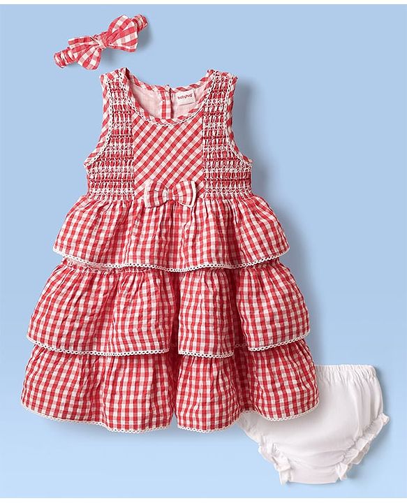 Babyhug Seer Sucker Woven Sleeveless Checkered Frock Bloomer & Headband With Bow Applique - Red