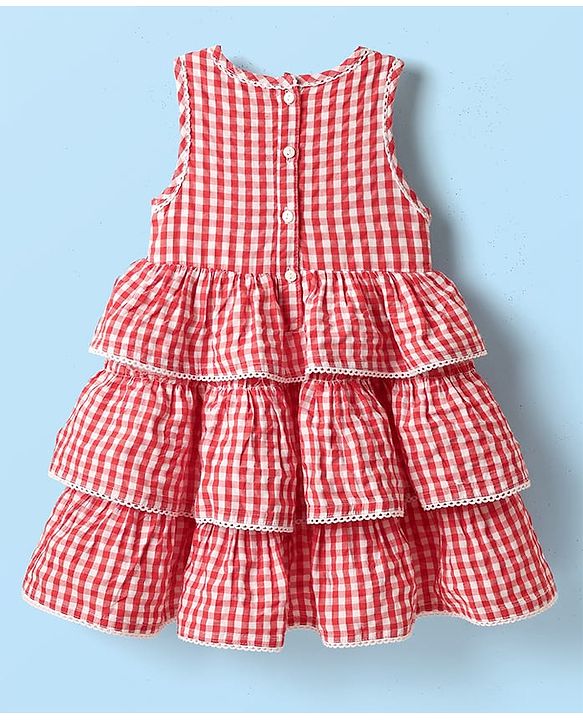 Babyhug Seer Sucker Woven Sleeveless Checkered Frock Bloomer & Headband With Bow Applique - Red