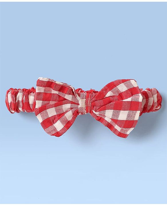 Babyhug Seer Sucker Woven Sleeveless Checkered Frock Bloomer & Headband With Bow Applique - Red