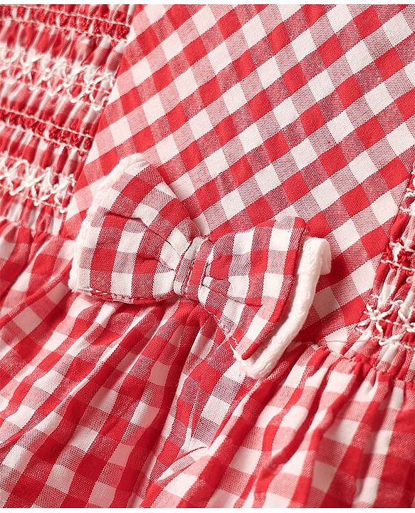 Babyhug Seer Sucker Woven Sleeveless Checkered Frock Bloomer & Headband With Bow Applique - Red