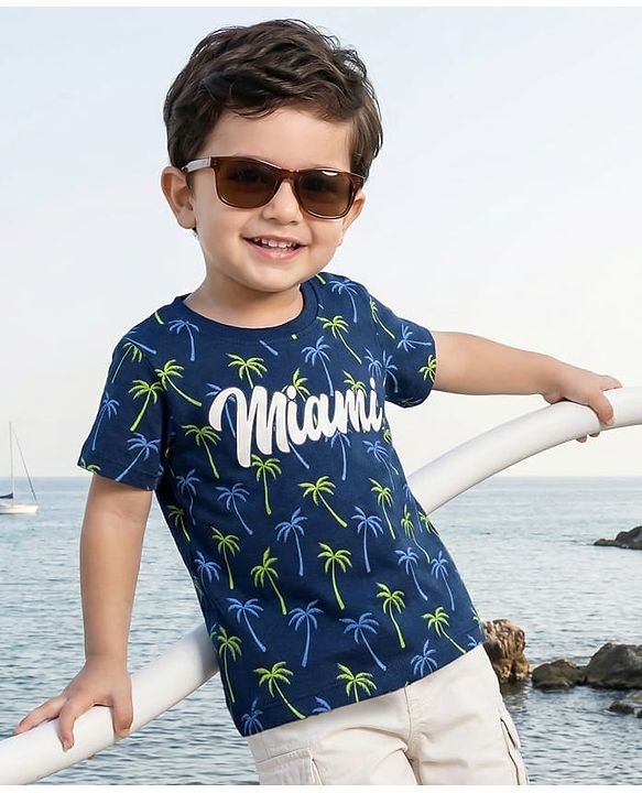 Babyhug Cotton Knit Half Sleeves T-Shirt with Beach Theme Print - Navy Blue