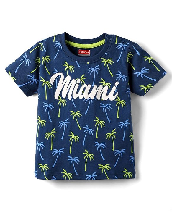 Babyhug Cotton Knit Half Sleeves T-Shirt with Beach Theme Print - Navy Blue