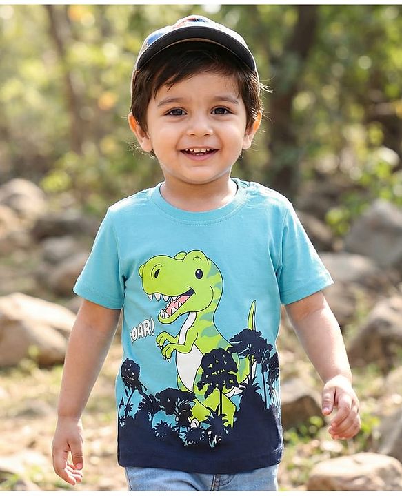 Babyhug Cotton Knit Half Sleeves T-Shirt With Dino Print -Light Blue