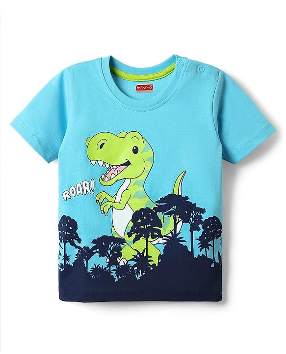 Babyhug Cotton Knit Half Sleeves T-Shirt With Dino Print -Light Blue