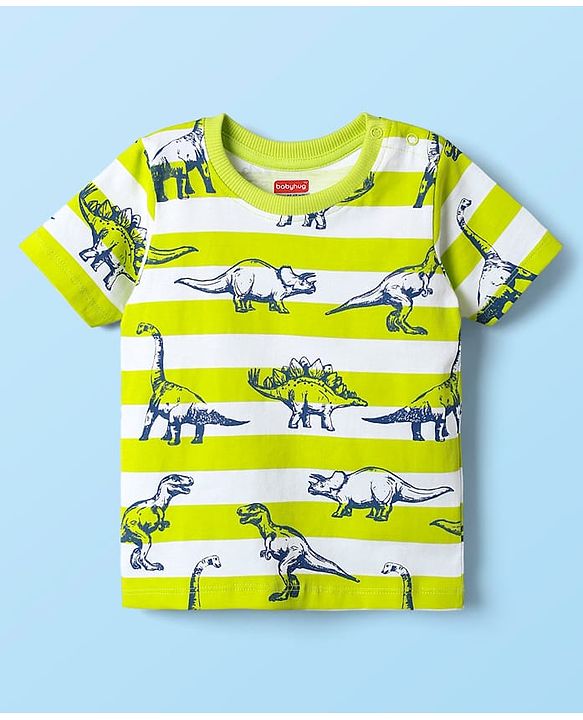 Babyhug Cotton Knit Half Sleeves T-Shirt With Dino Print - Limegreen