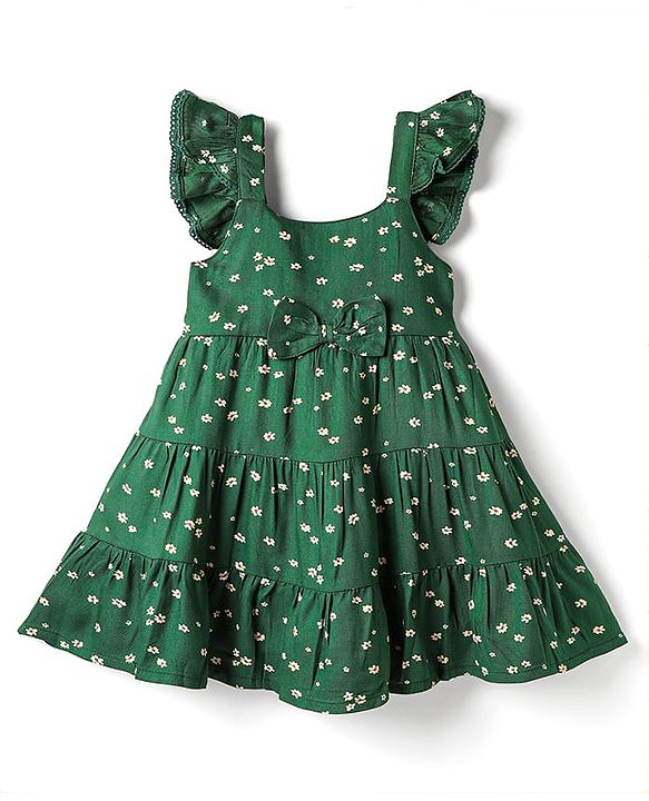 Babyhug Cotton Woven Frill Sleeves Floral Printed Frock With Bow Applique & Headband - Dark Green
