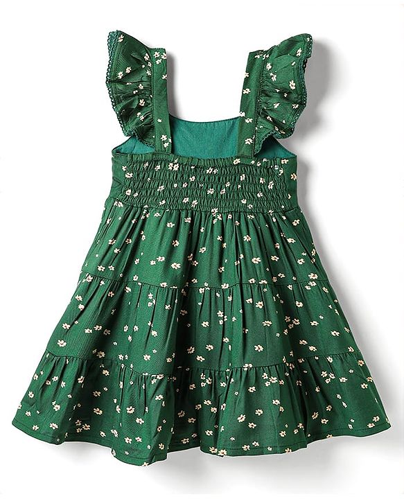 Babyhug Cotton Woven Frill Sleeves Floral Printed Frock With Bow Applique & Headband - Dark Green