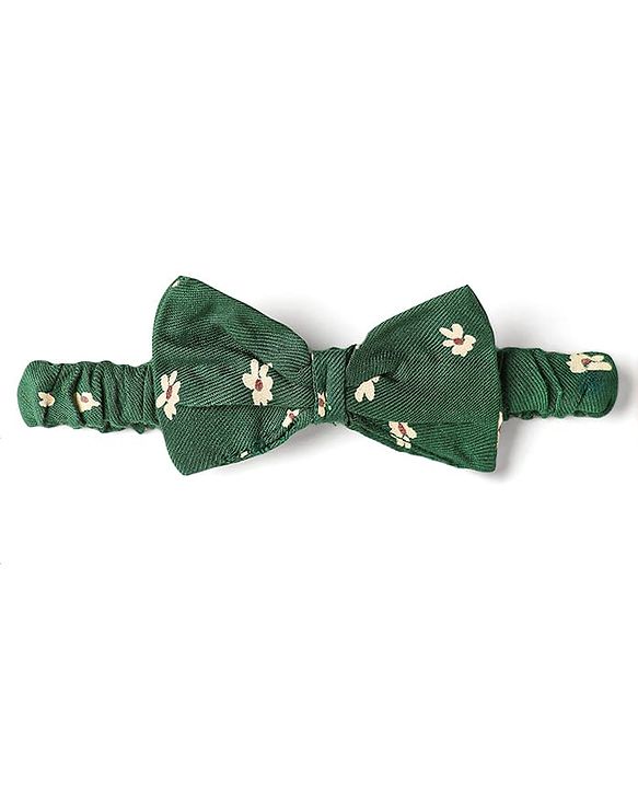 Babyhug Cotton Woven Frill Sleeves Floral Printed Frock With Bow Applique & Headband - Dark Green