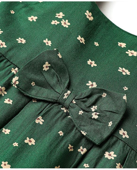 Babyhug Cotton Woven Frill Sleeves Floral Printed Frock With Bow Applique & Headband - Dark Green