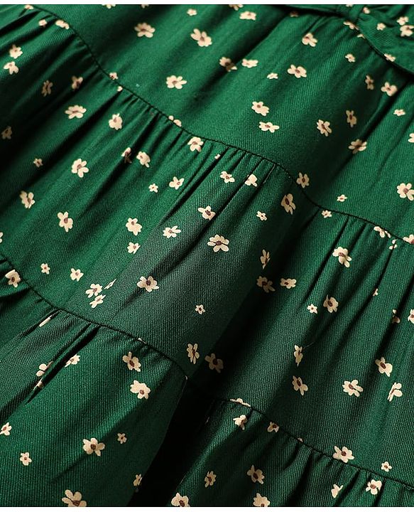 Babyhug Cotton Woven Frill Sleeves Floral Printed Frock With Bow Applique & Headband - Dark Green