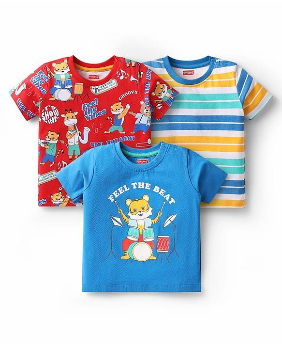 Babyhug Cotton Knit Half Sleeves T-Shirts with Animal Print & Stripes Pack of 3 - Blue & Red