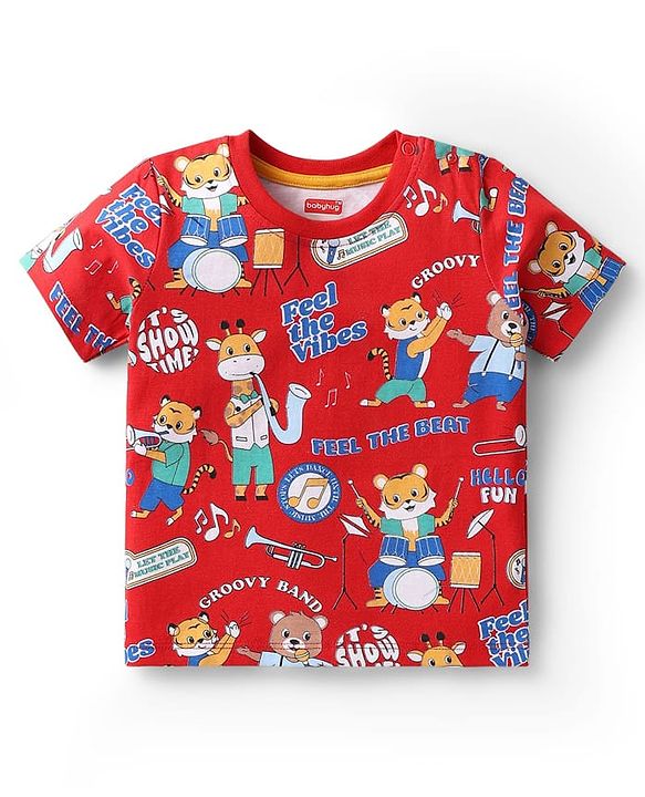 Babyhug Cotton Knit Half Sleeves T-Shirts with Animal Print & Stripes Pack of 3 - Blue & Red