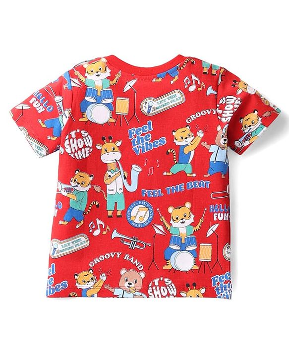 Babyhug Cotton Knit Half Sleeves T-Shirts with Animal Print & Stripes Pack of 3 - Blue & Red