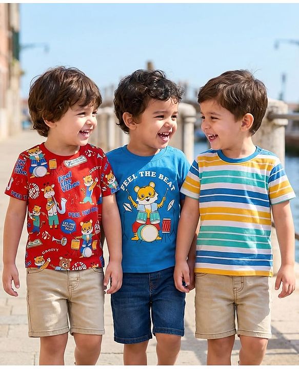 Babyhug Cotton Knit Half Sleeves T-Shirts with Animal Print & Stripes Pack of 3 - Blue & Red