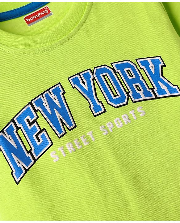 Babyhug Cotton Knit Half Sleeves T-Shirt with New York Print - Limegreen