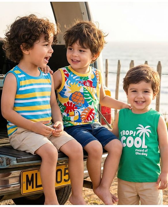 Babyhug Cotton Knit Sleeveless Tank T-Shirts with Tropical Theme Print Pack of 3 - Mint & Light Blue