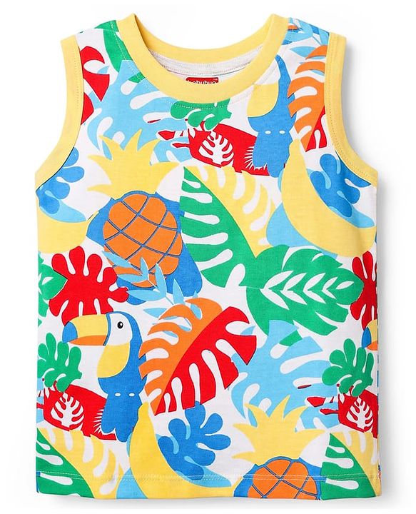 Babyhug Cotton Knit Sleeveless Tank T-Shirts with Tropical Theme Print Pack of 3 - Mint & Light Blue