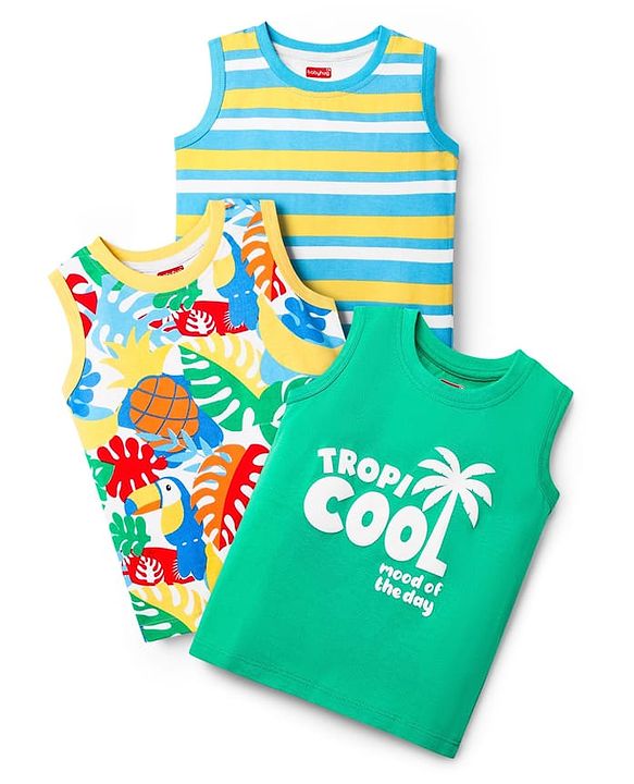 Babyhug Cotton Knit Sleeveless Tank T-Shirts with Tropical Theme Print Pack of 3 - Mint & Light Blue