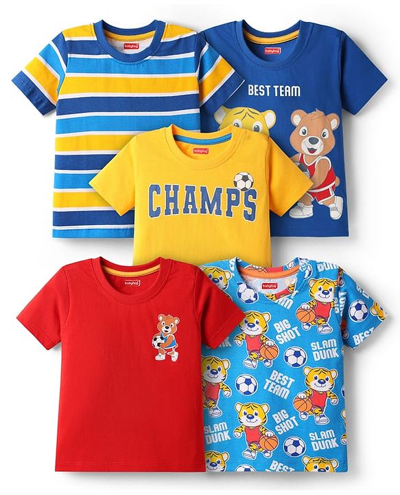 Babyhug Cotton Knit Half Sleeves T-Shirts with Stripes & Sports Theme Print Pack of 5 - Multicolor