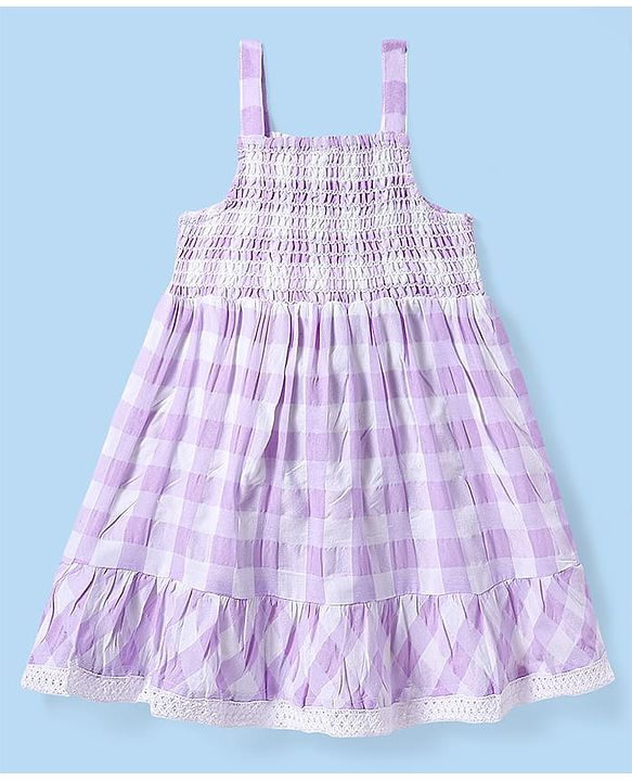 Babyhug Cotton Woven Sleeveless Checks Frock With Bow Applique & Smocked Detailing - Lilac