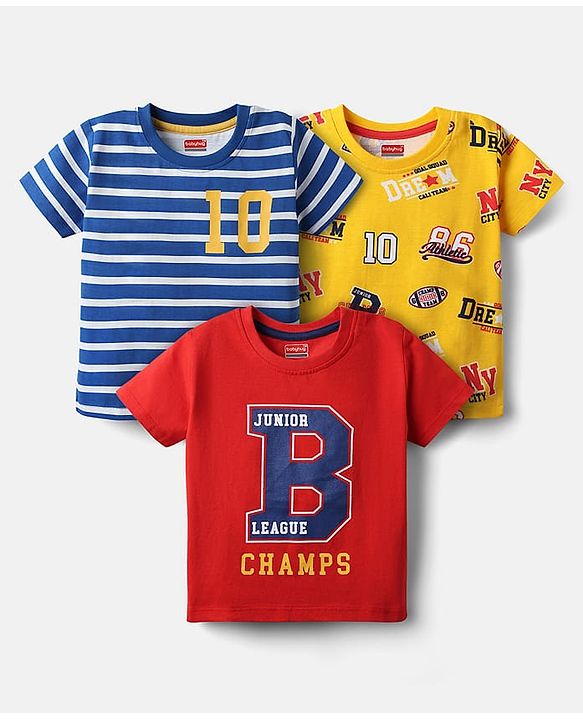 Babyhug Cotton Knit Half Sleeves T-Shirts with Sports Theme Print & Stripes Pack of 3 - Red Yellow & Blue