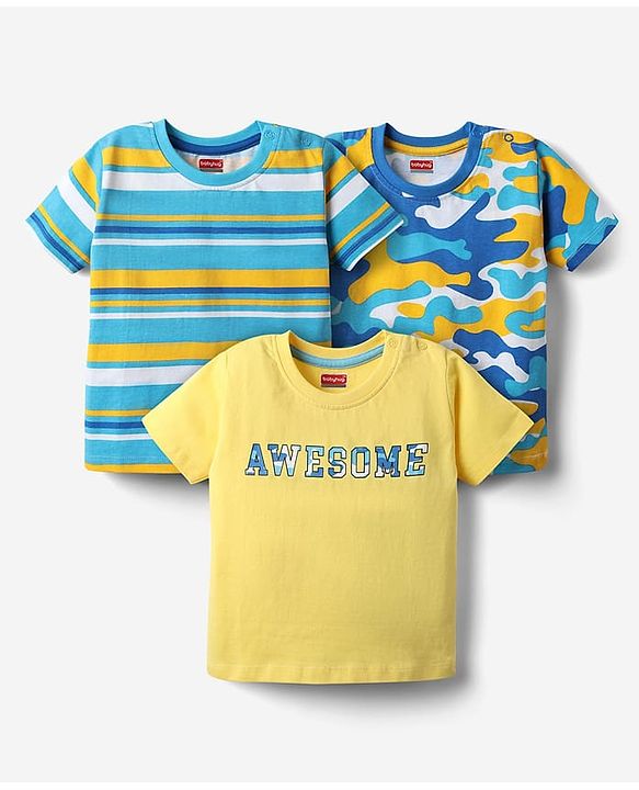 Babyhug Cotton Knit Half Sleeves T-Shirt With Stripes & Awesome Text Print Pack Of 3 - Yellow & Light Blue